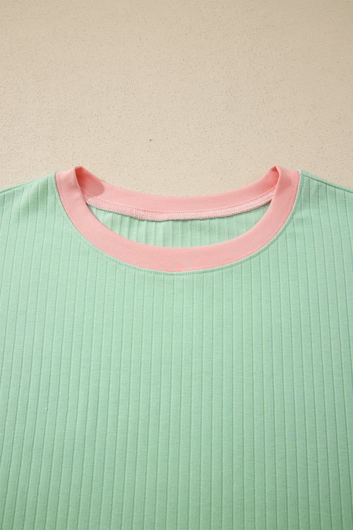 Clearly Aqua Soft Ribbed Color Block Trim Casual Short Set