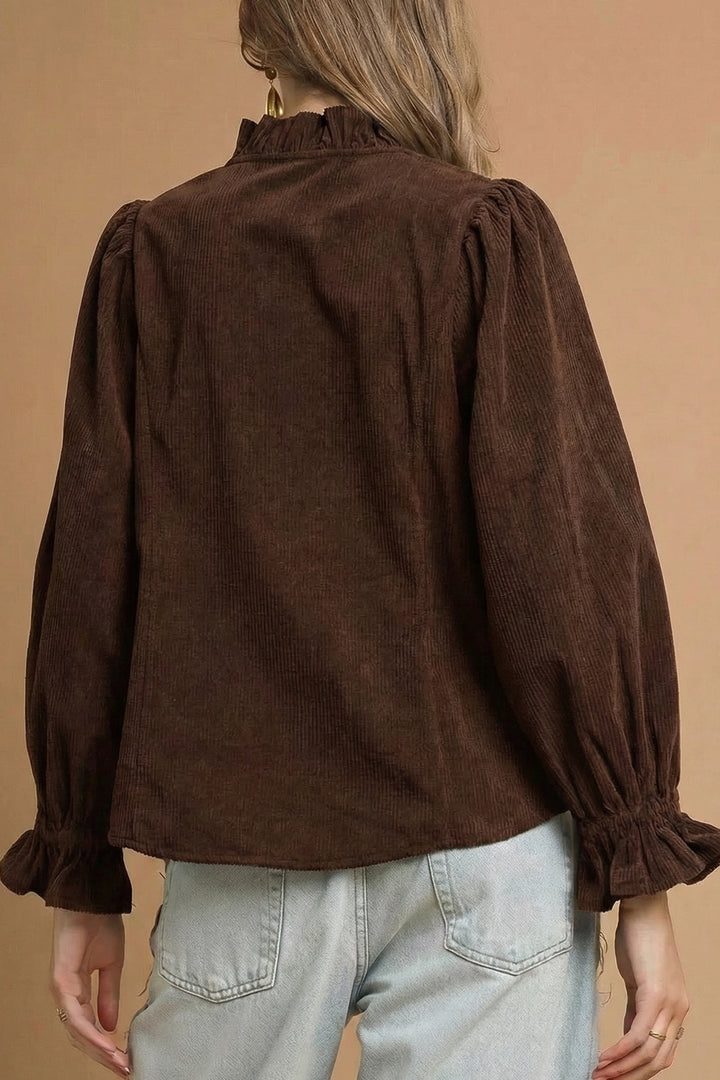 Coffee Solid Color Long Sleeve Button Corduroy Shakcet