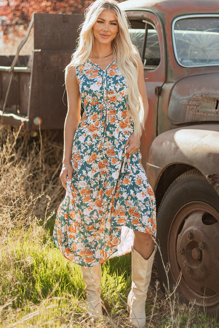 floral print trimmed v neck tie waist sleeveless holiday long dress