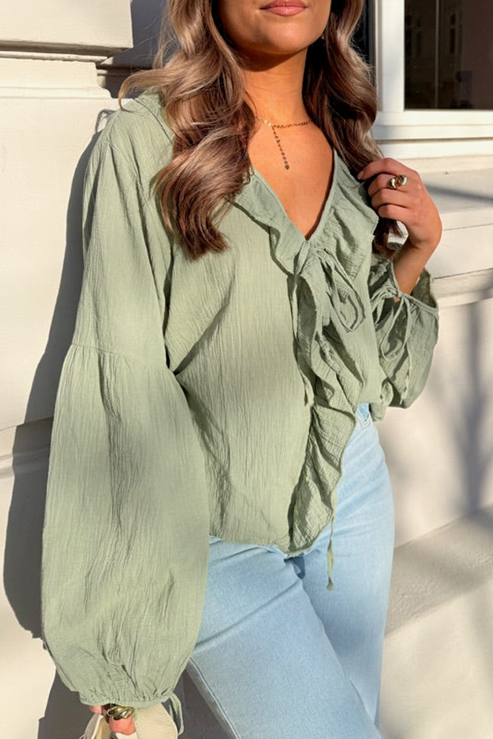 Bow Tie Front Ruffle Trim V Neck Long Sleeve Gauze Blouse