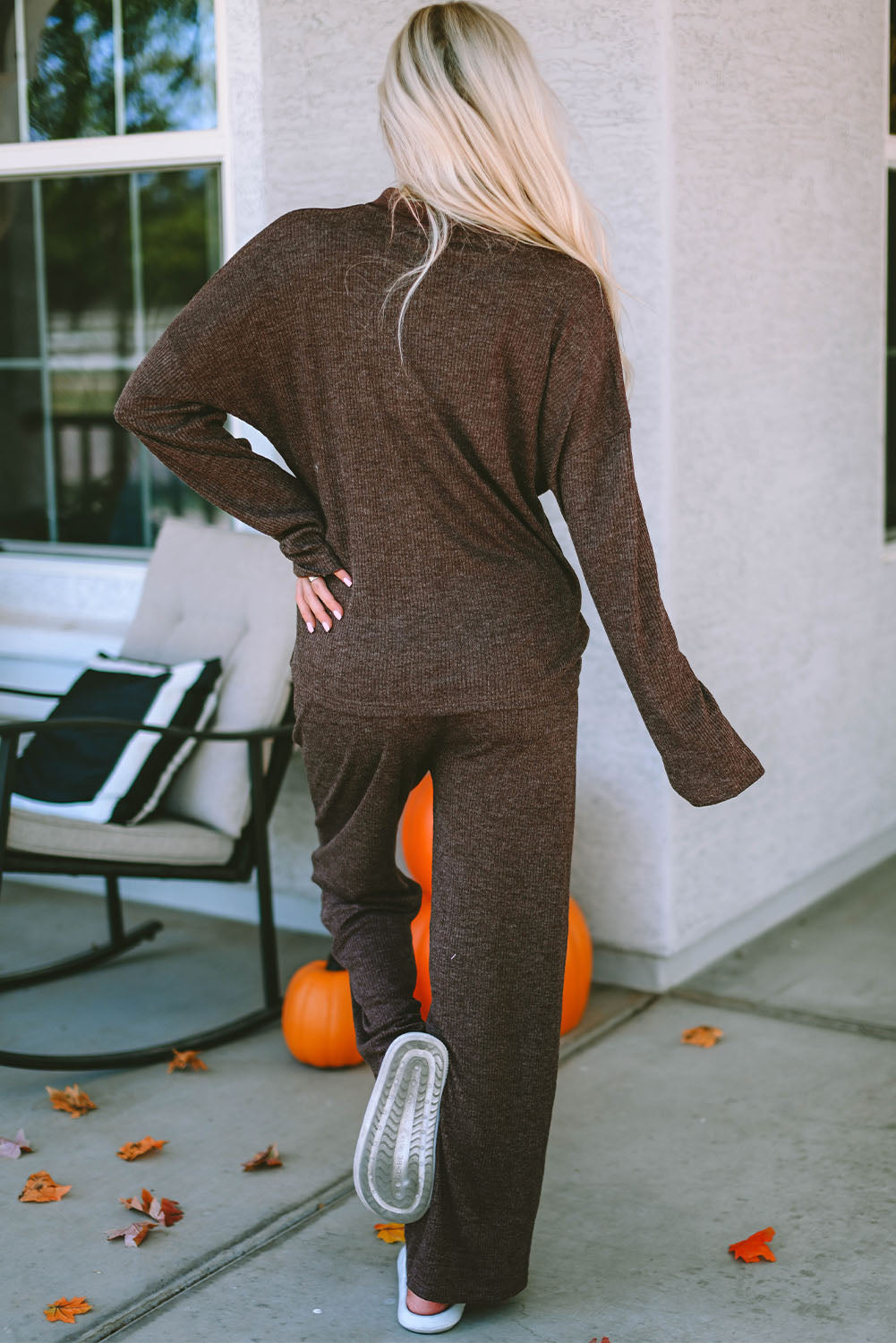 ribbed knit collared henley top and pants lounge outfit
