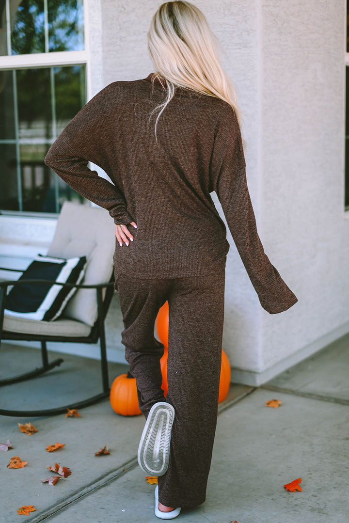 ribbed knit collared henley top and pants lounge outfit