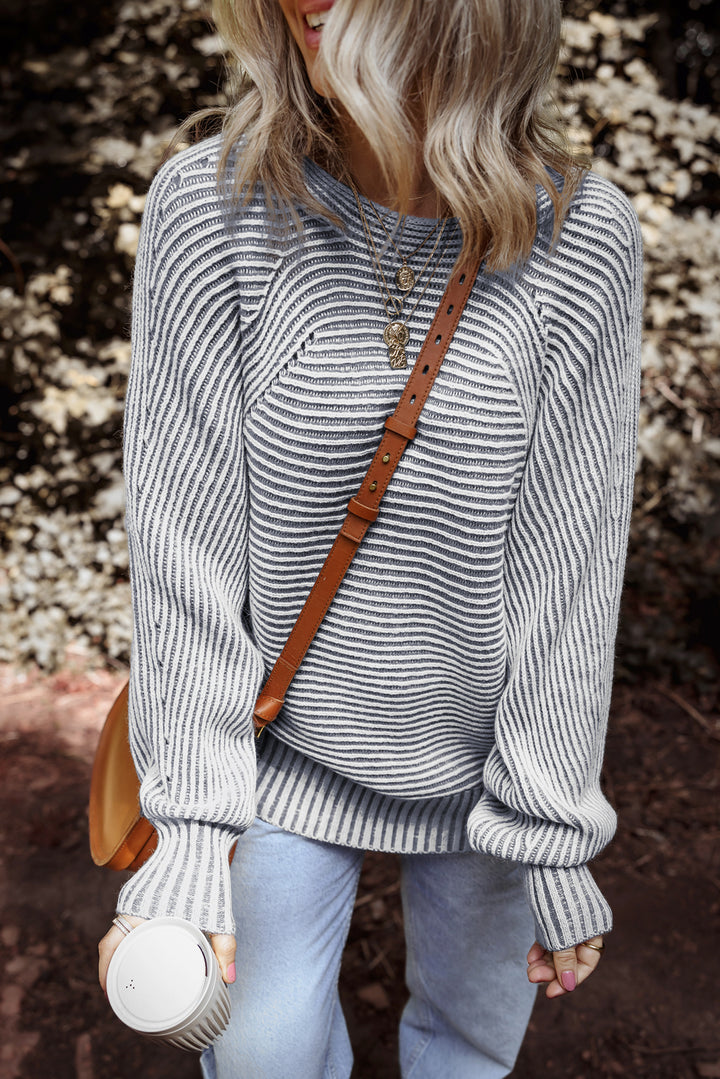 Striped Print Ribbed Knit Boat Neck Baggy Sweater