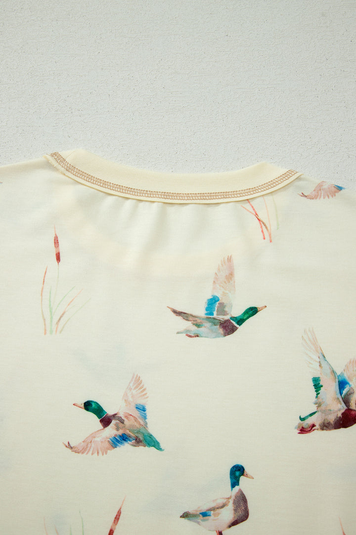 Beige Mallard Duck Print Oversized Tee Drawstring Short Set