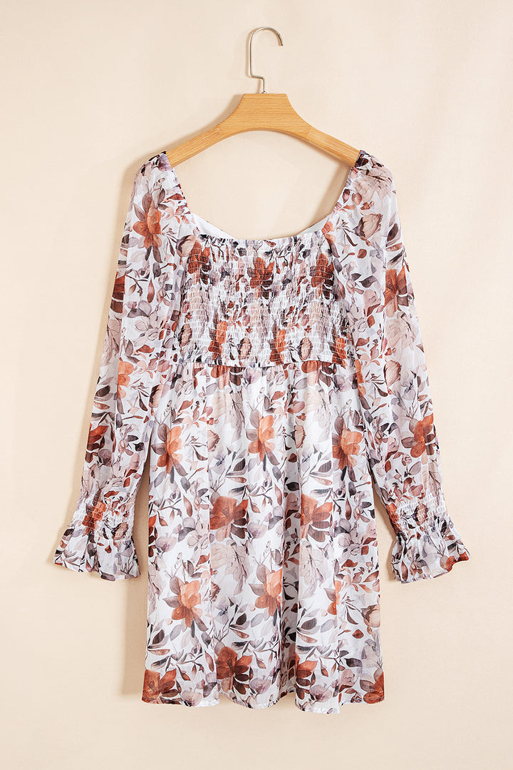 Floral Print Sweetheart Neck Long Sleeve High Waist Mini Dress