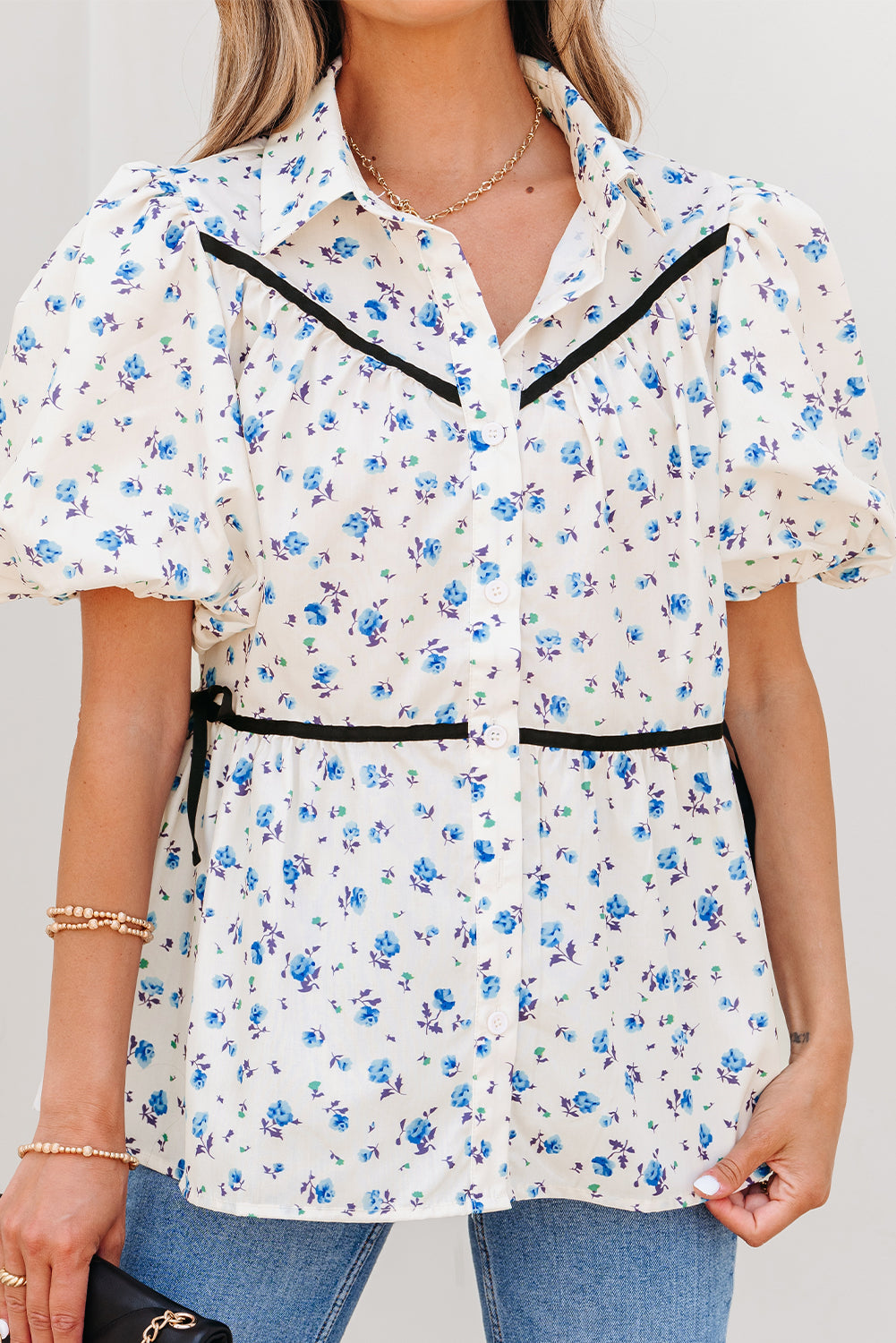 contrast trim floral puff short sleeve shirt