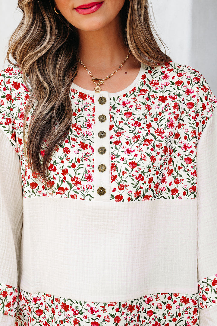 Floral Print Gauze Patchwork Henley Button 3/4 Sleeve Blouse