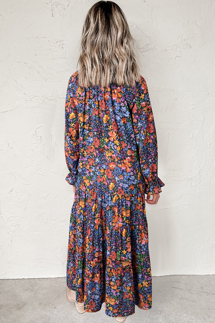 Floral Print Tassel Tie V Neck Long Sleeve Flowy Long Dress