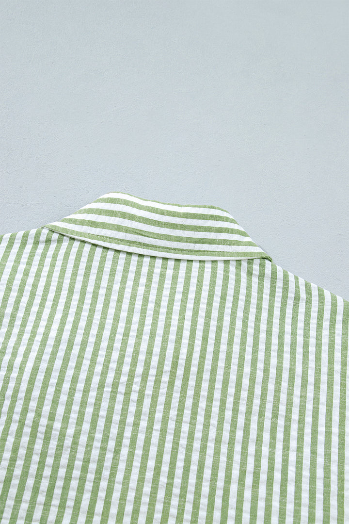 Green Stripe Shirt Collar Half Sleeve Blouse