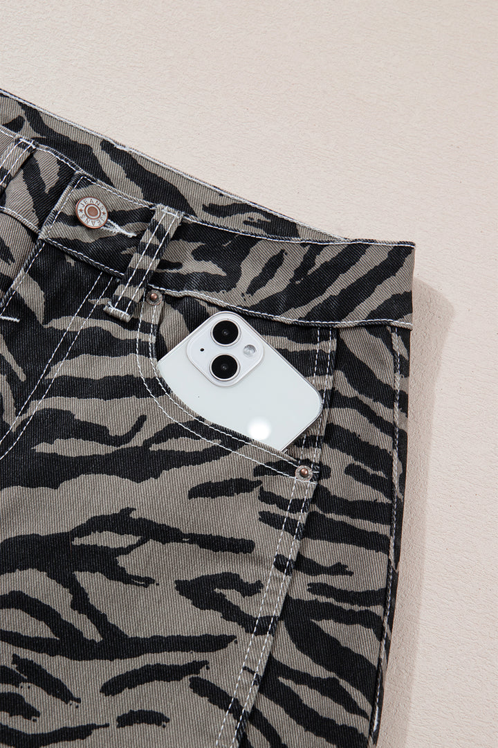 Gray Zebra Stripe Printed Wide Leg Barrel Jeans