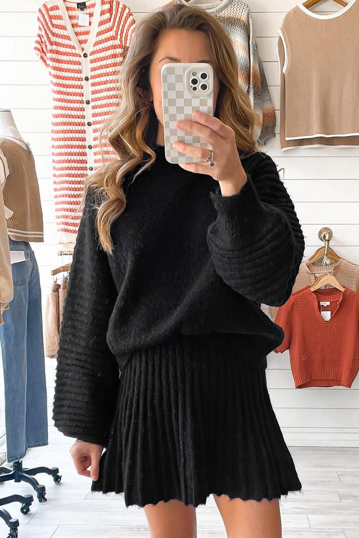 Black High Neck Sweater Pleated Mini Skirt 2pcs Knitted Outfit