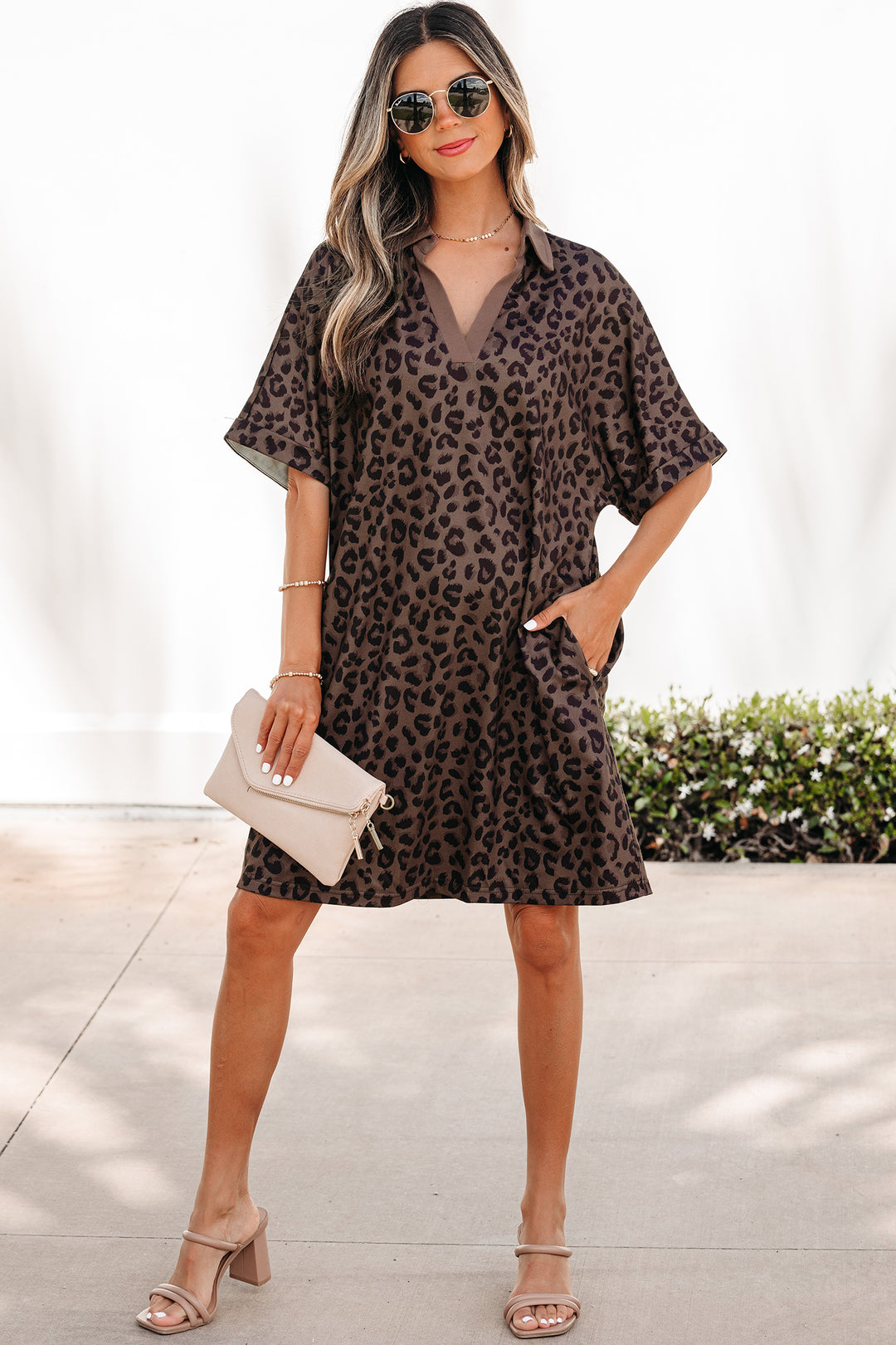 Brown Leopard Print Contrast Collar V-Neck Casual Mini Dress
