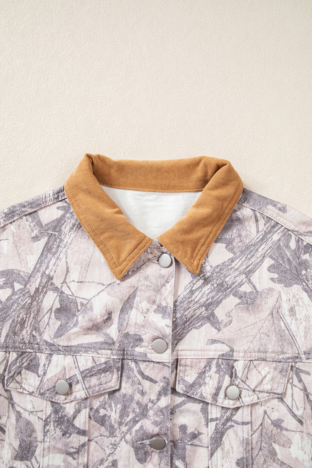 Gray Abstract Camo Print Colorblock Collar Oversized Shift Silhouette Denim Jacket