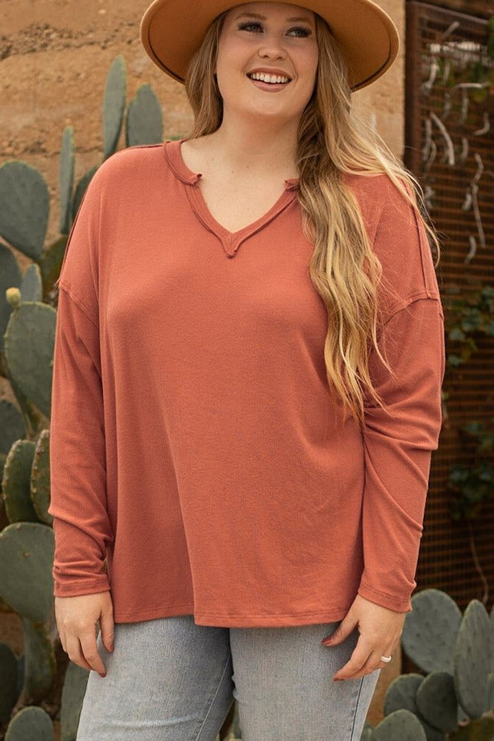 Plus Size Exposed Seam V Neck Long Sleeve Top