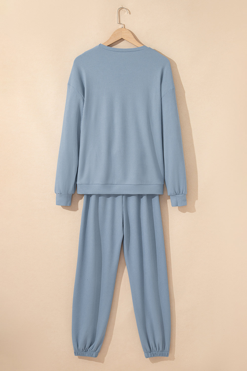 Dusk Blue Solid Color Ribbed Loose Long Sleeve Top Casual Pant Set