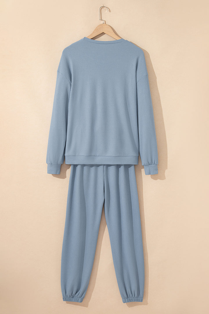 Dusk Blue Solid Color Ribbed Loose Long Sleeve Top Casual Pant Set