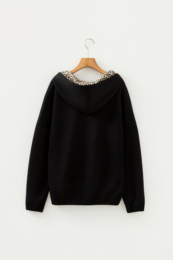Black Elastic Cuffs Leopard Contrast Drawstring Hoodie