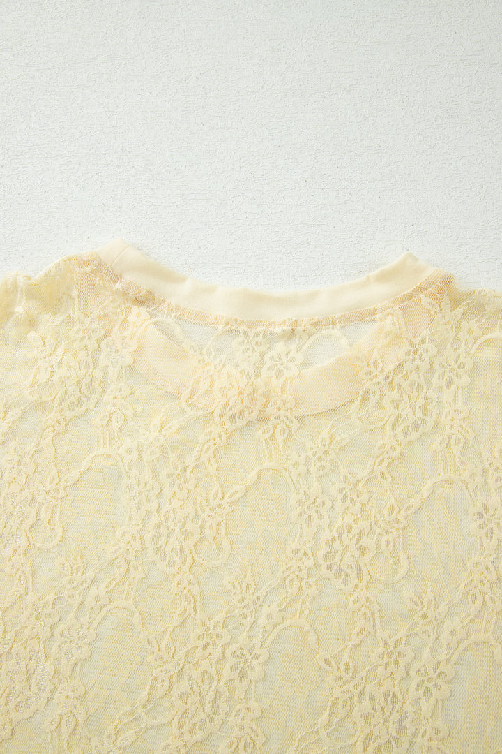 Yellow Cream Sheer Floral Lace Boxy Tee
