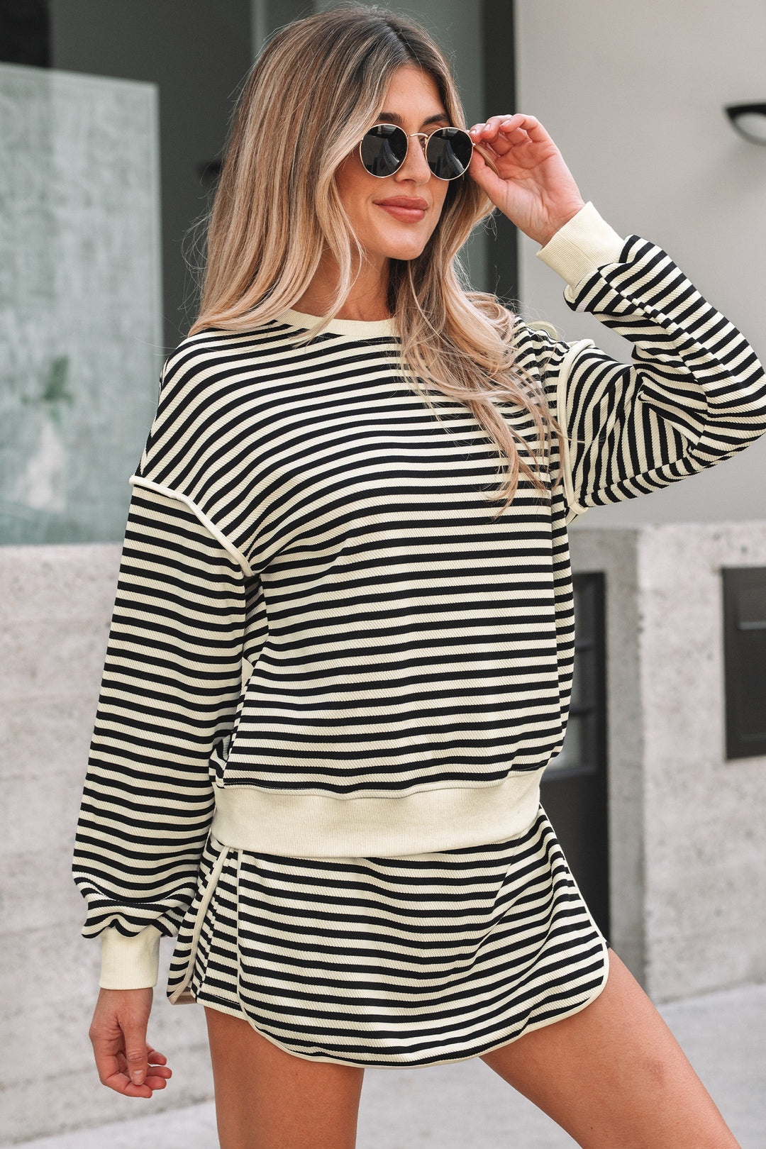 Black Stripe Textured Pullover Top Drawstring Mini Skort Two Piece Dress Set