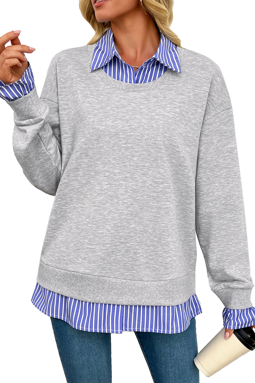Light Grey Striped Collar 2-in-1 Patchwork Casual Loose Sweatshirt
