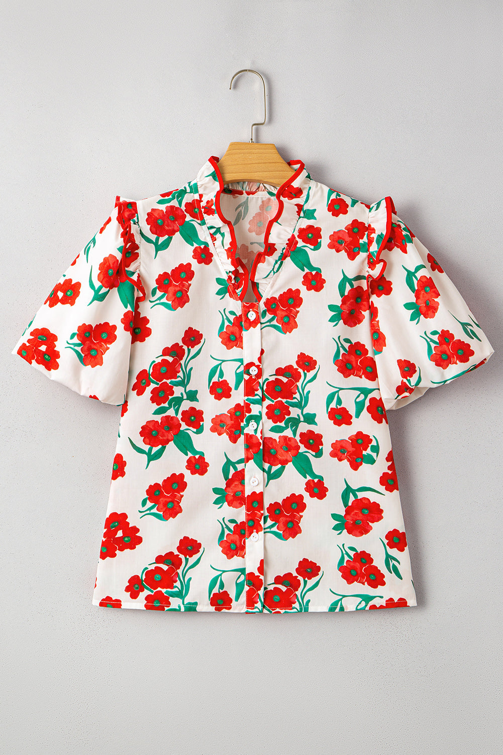 floral print ruffled puff sleeve elegant summer shirt