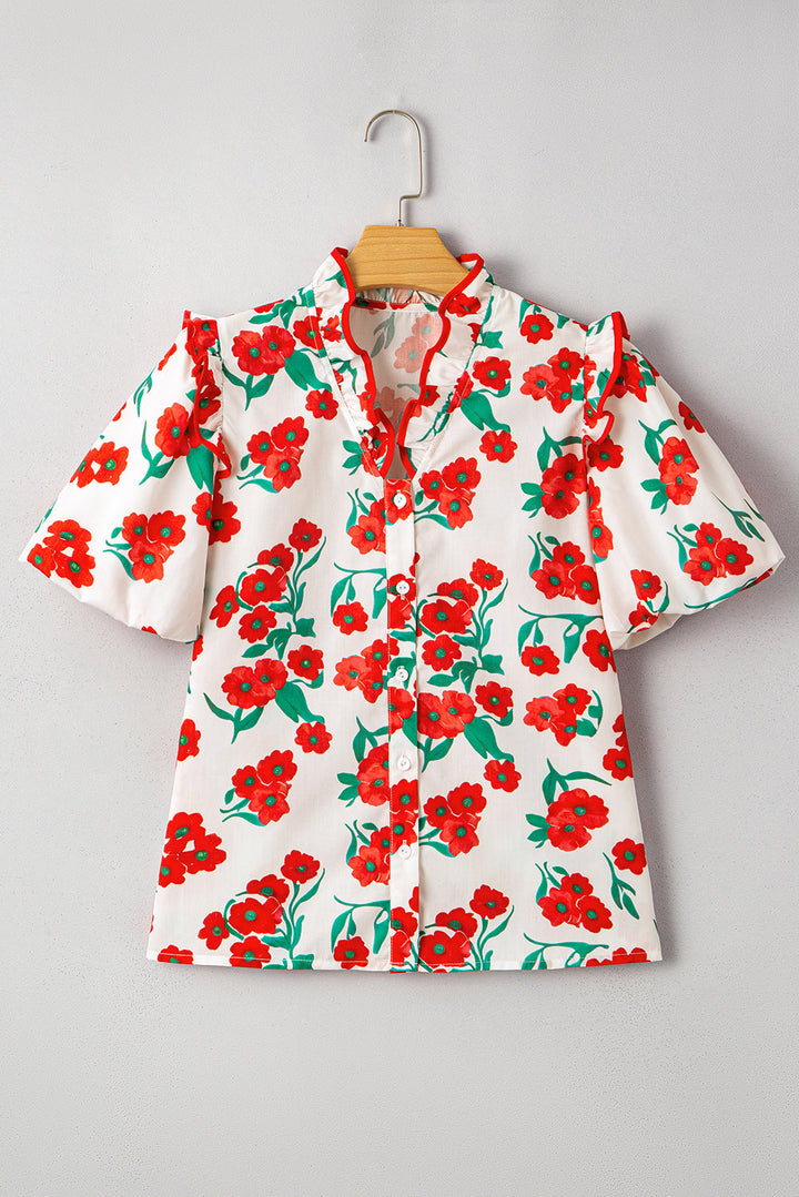floral print ruffled puff sleeve elegant summer shirt