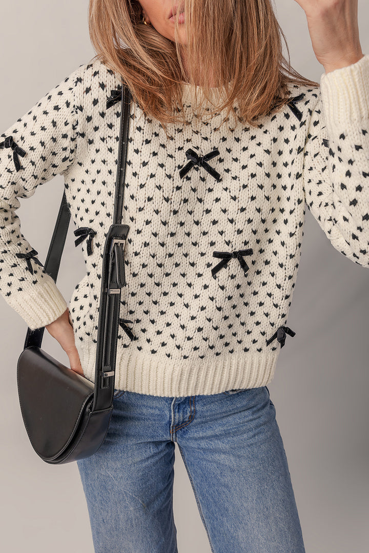 Bow Decor Color Contrast Ribbed Edge Crew Neck Sweater