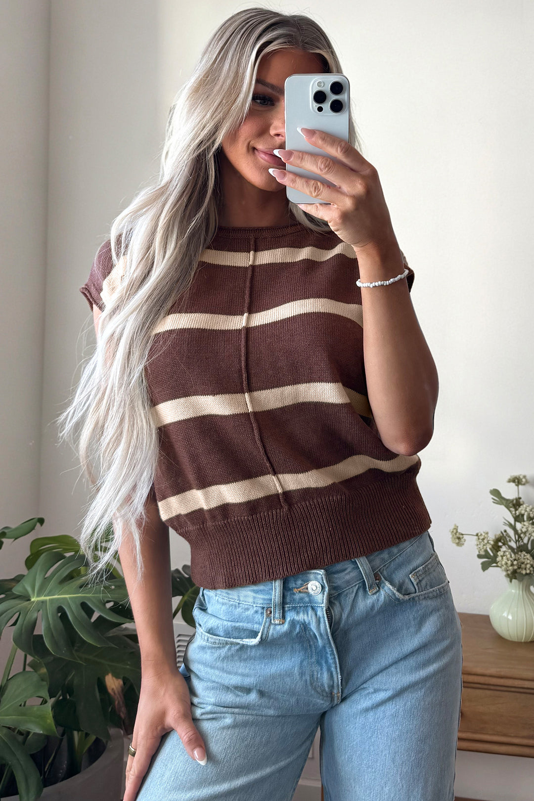 Brown Stripe Knit Western Short Sleeve Sweater