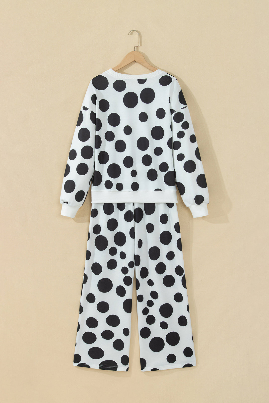 White Polka Dot Long Sleeve Top Drawstring Relaxed Pants Set