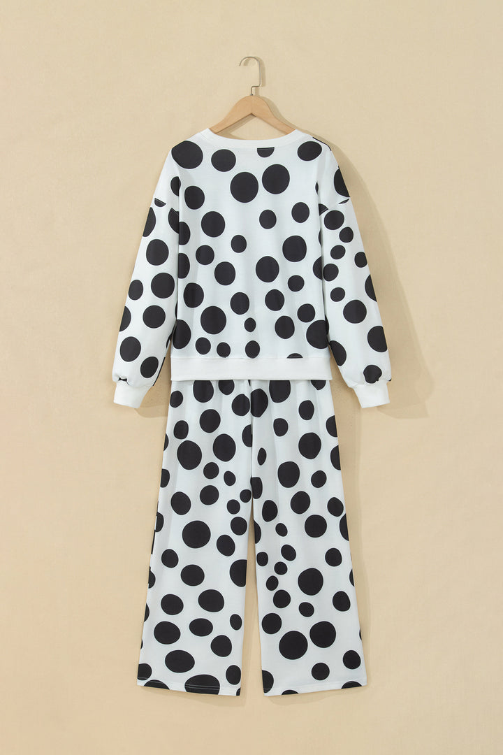 White Polka Dot Long Sleeve Top Drawstring Relaxed Pants Set