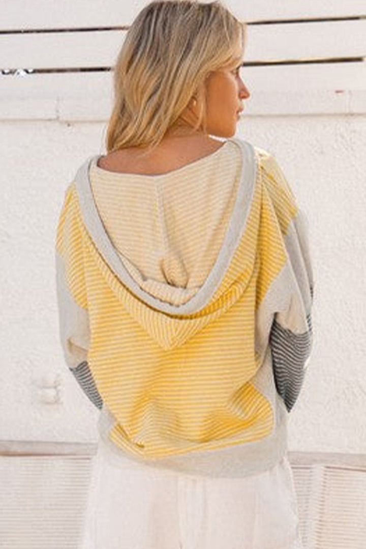Color Block Drawstring V Neck Loose Fit Hooded Top