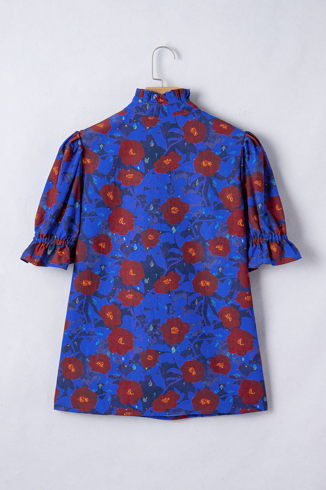 Ruffled Short Balloon Sleeve Frilled V Neck Floral Blouse