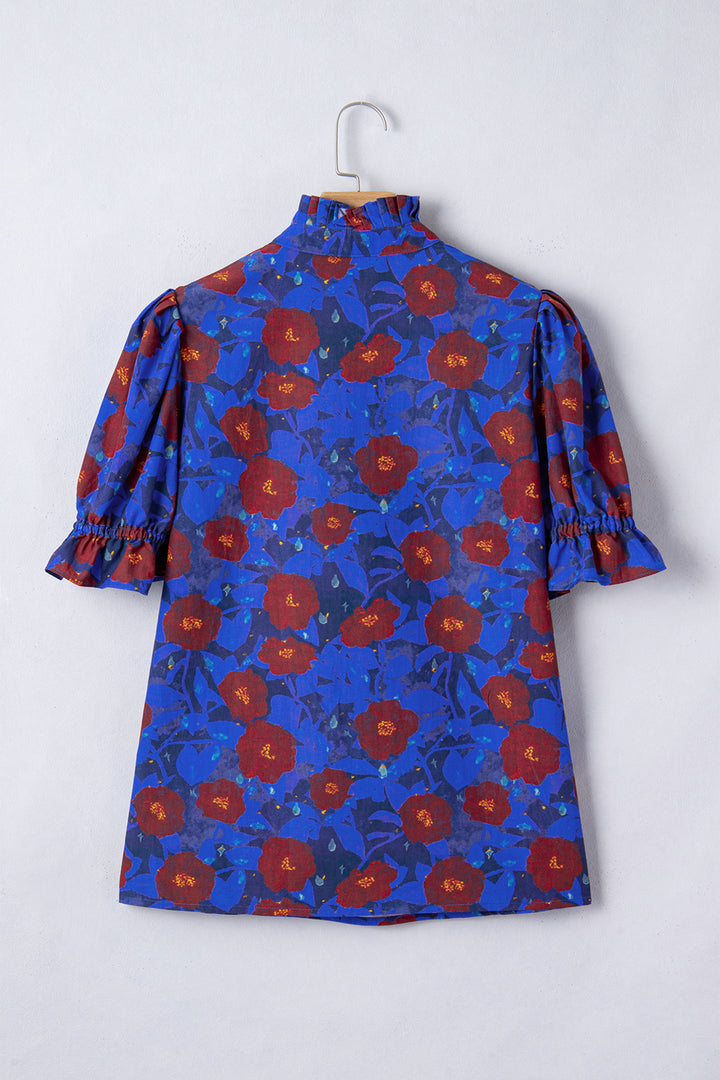 Ruffled Short Balloon Sleeve Frilled V Neck Floral Blouse