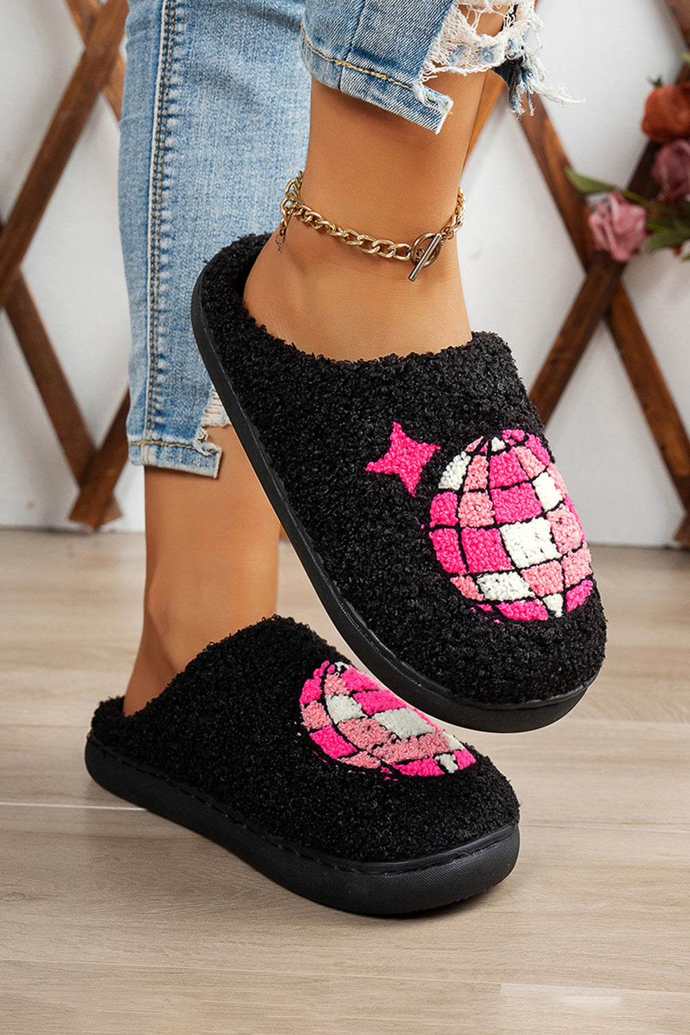 Disco Ball Print Fuzzy Winter House Slippers