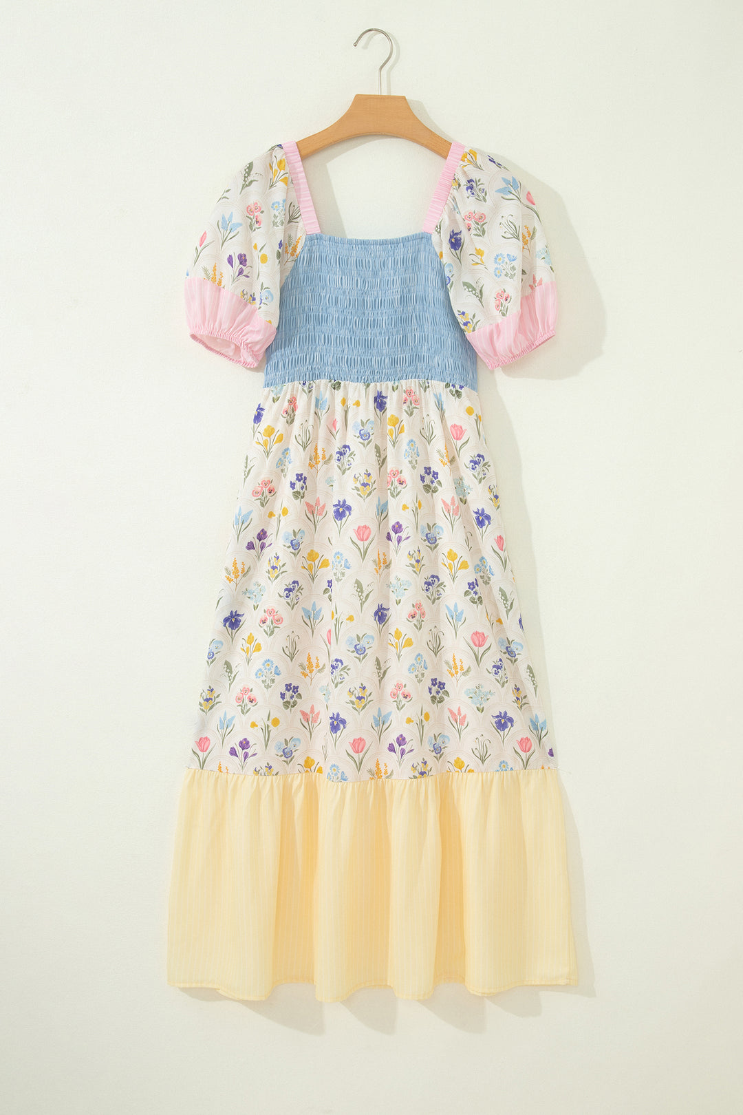 Multicolour Floral Print Striped Color Block Patchwork Square Neck Shirred Long Dress