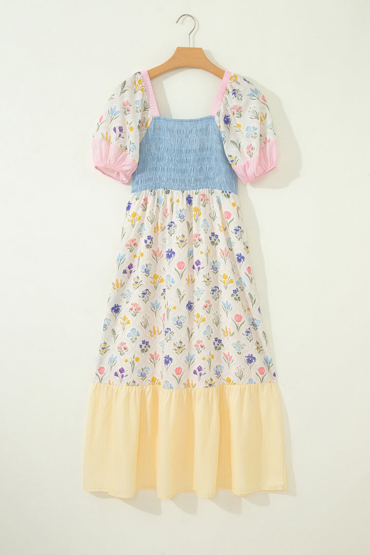 Multicolour Floral Print Striped Color Block Patchwork Square Neck Shirred Long Dress
