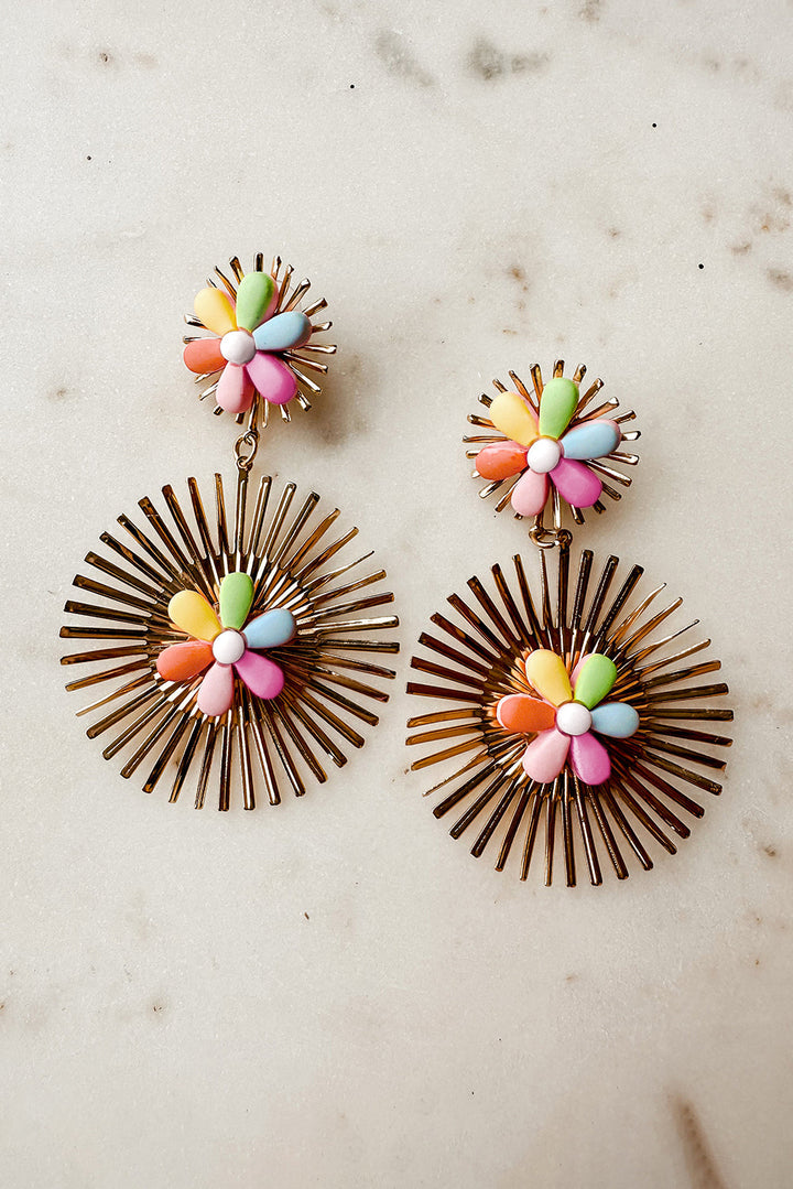 Colorful Flower Gold-pleated Dangle Earrings