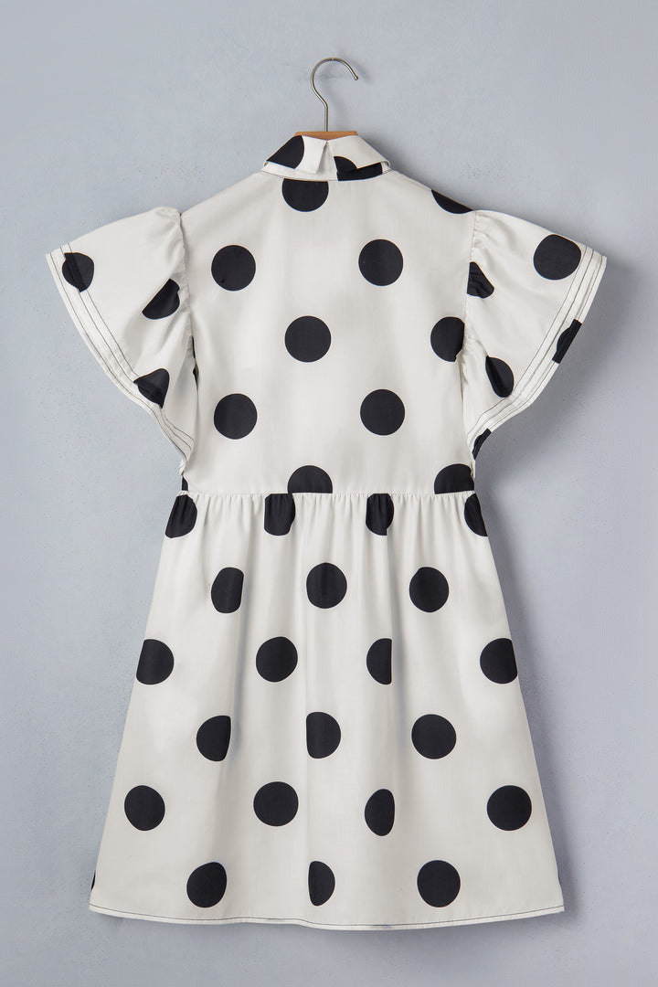 Polka Dot Print Half Button Ruffled Short Sleeve Loose Mini Dress