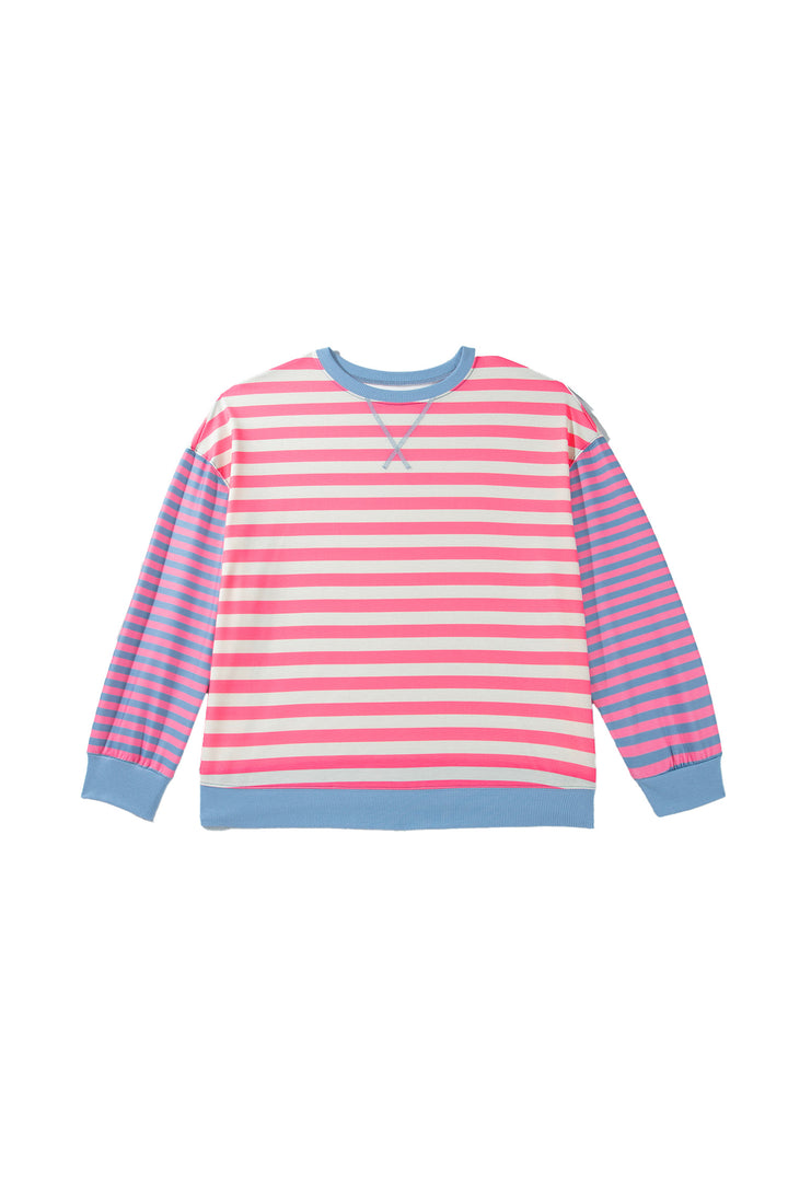 Pink Stripe Colorblock Striped Crewneck Long Sleeve Shift Tunic Plus Size Sweatshirt