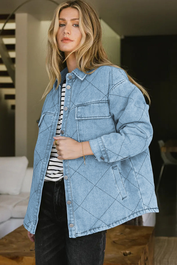 Myosotis Rhombus Stitched Pattern Button Pocketed Denim Jacket