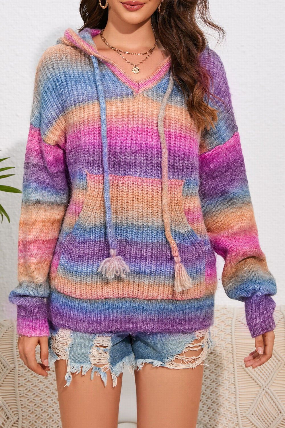 Multicolor Ombre Kangaroo Pocket Hooded Sweater