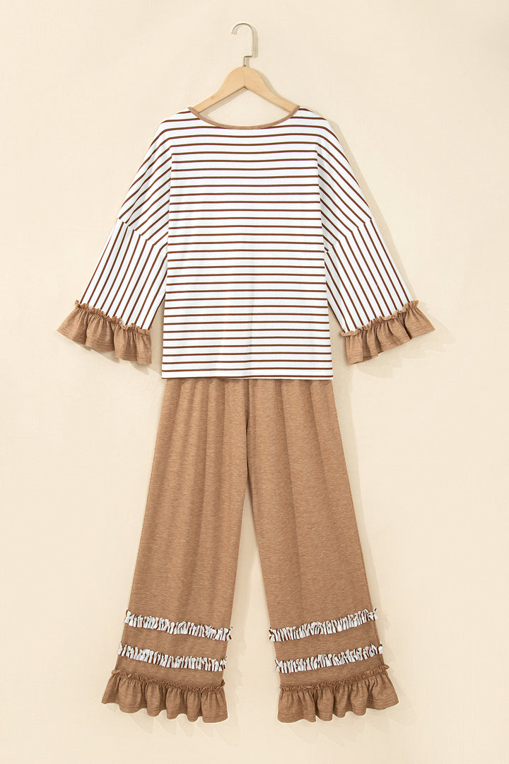 Khaki Stripe V Neck Ruffle Contrast Sleeve Top Drawstring Pants 2pcs Set