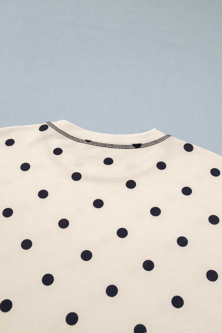 White Polka Dot Short Sleeve Loose Top Drawstring Shorts Set
