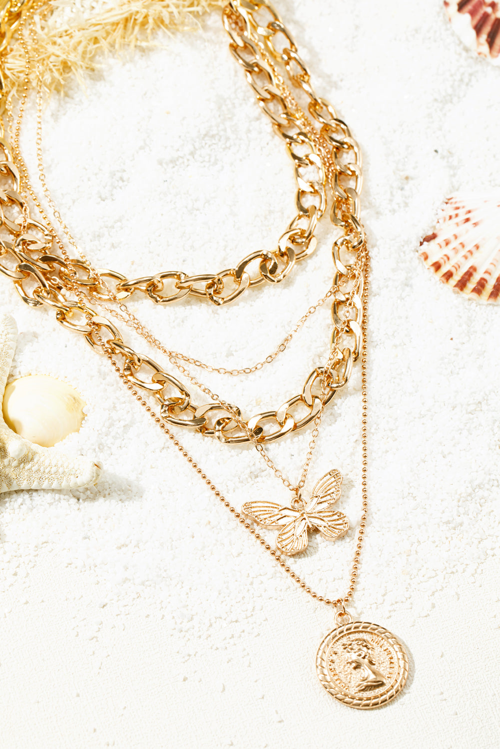 Plated Alloy Multilayer Butterfly Charm Necklace