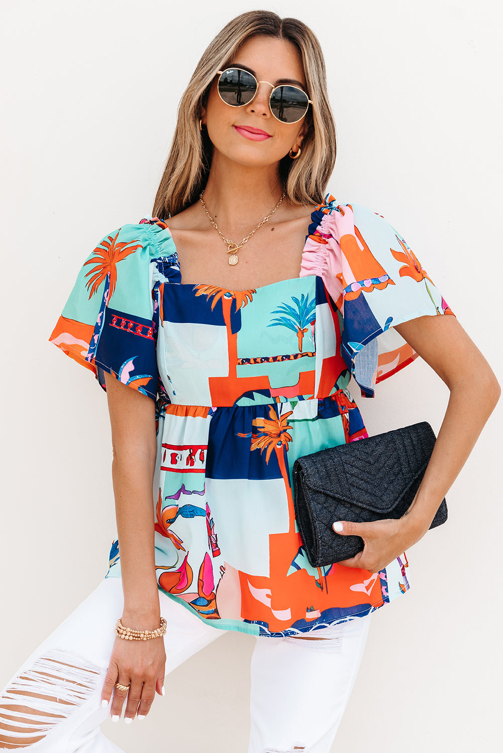 tropical printed square neck flutter sleeve babydoll blouse