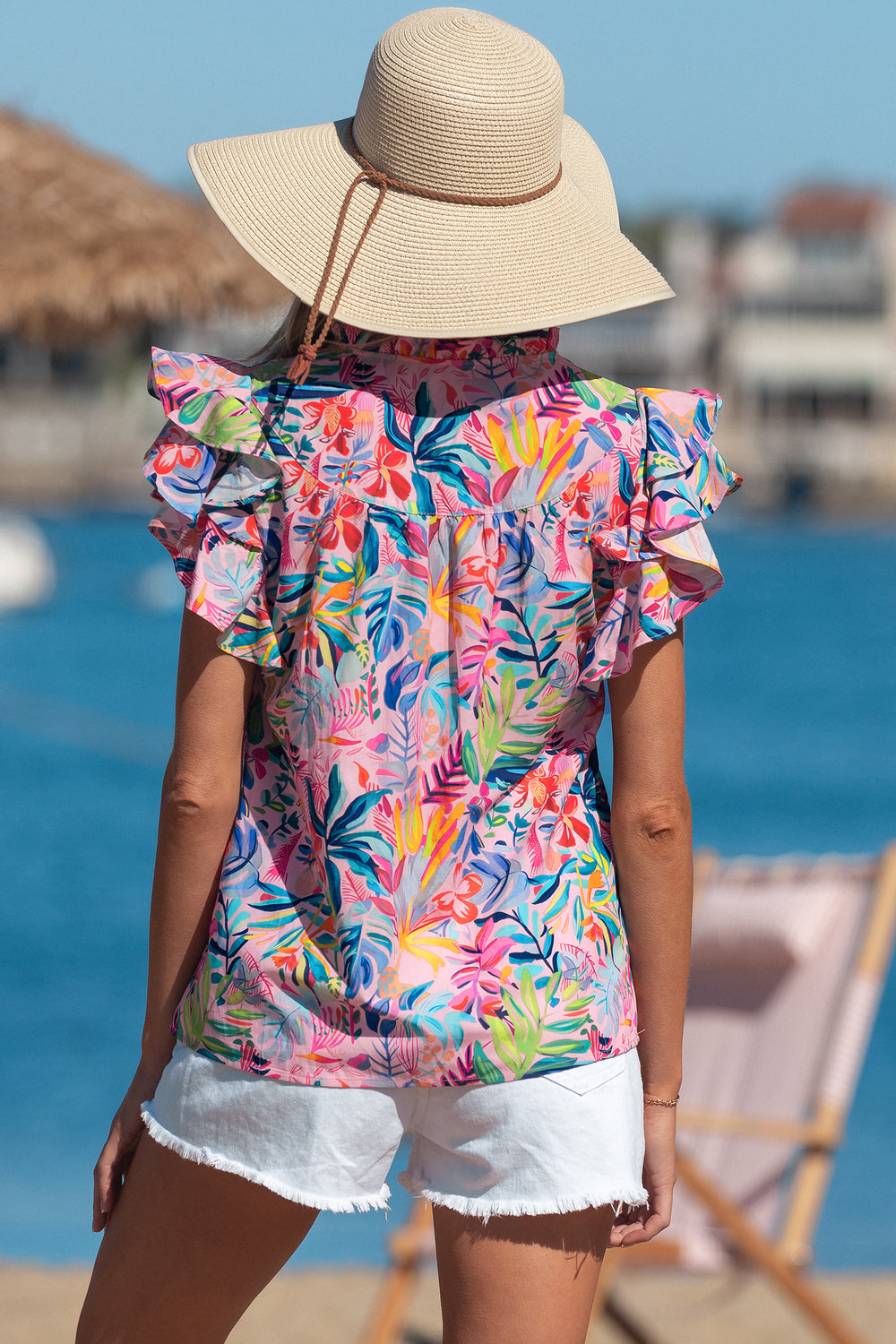 Tropical Floral Print Frilly Notched Neck Ruffled Short Sleeve Blouse