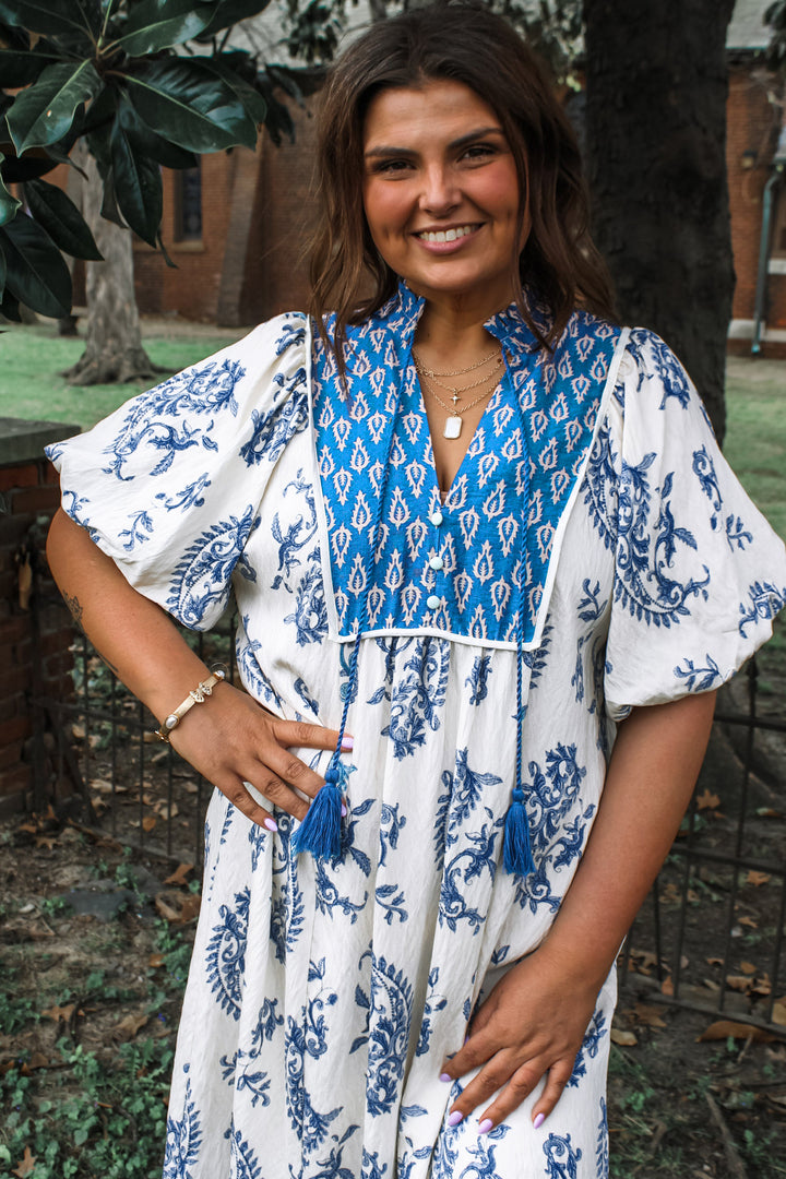 Sky Blue Boho Abstract Print Contrast Trim V Neck Tassel Tie Dress