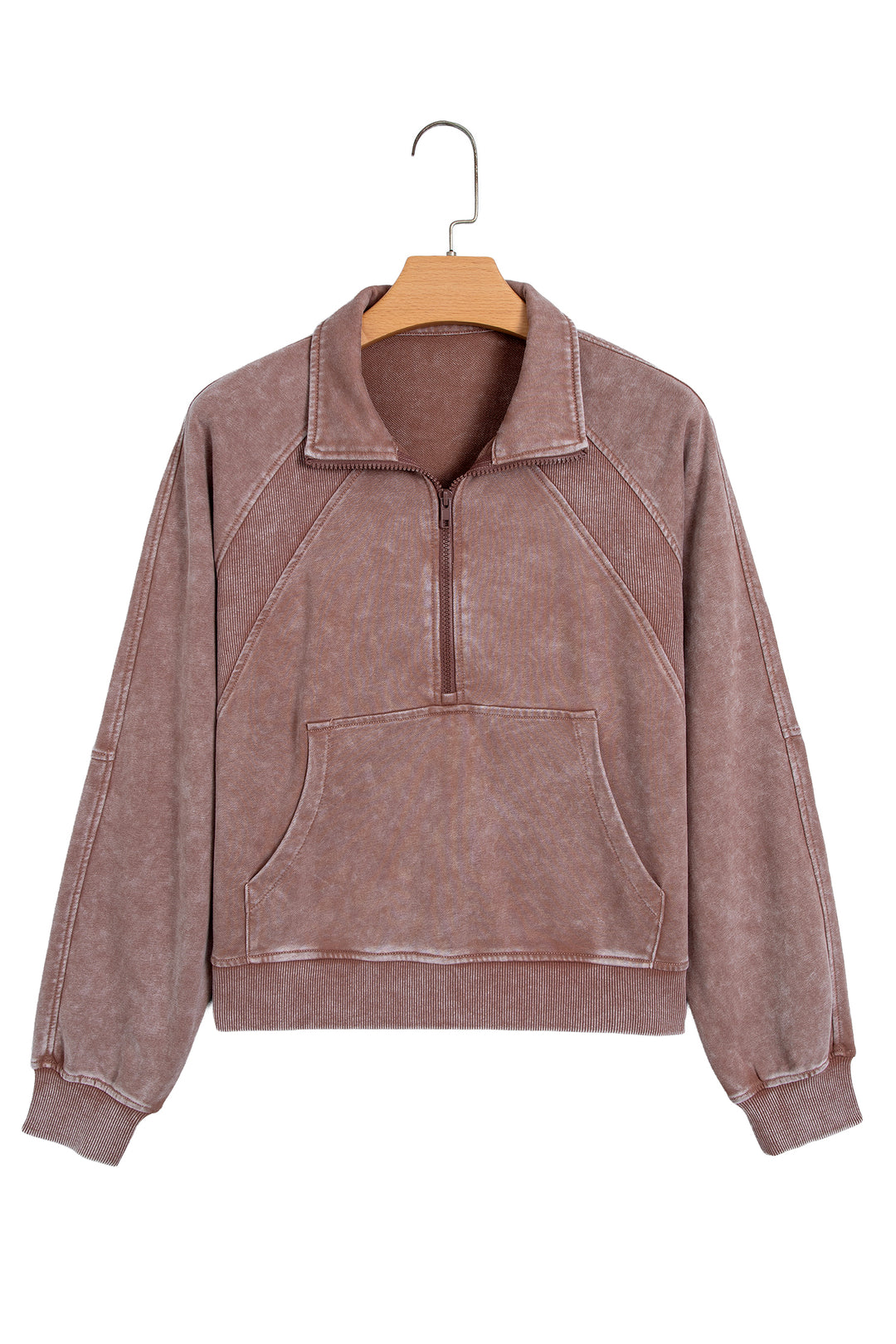 Chestnut Vintage Half-Zip Long Sleeve Ribbed Cuffs Hem Shift Silhouette Sweatshirt