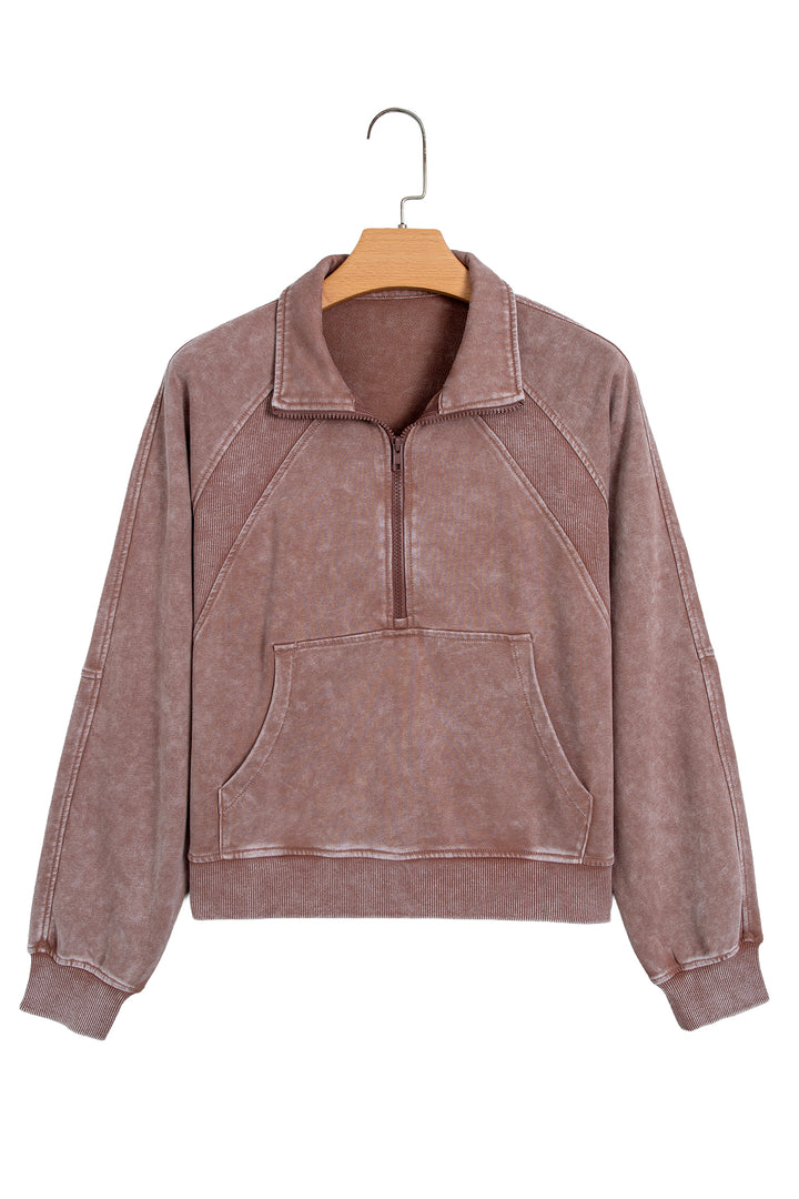 Chestnut Vintage Half-Zip Long Sleeve Ribbed Cuffs Hem Shift Silhouette Sweatshirt