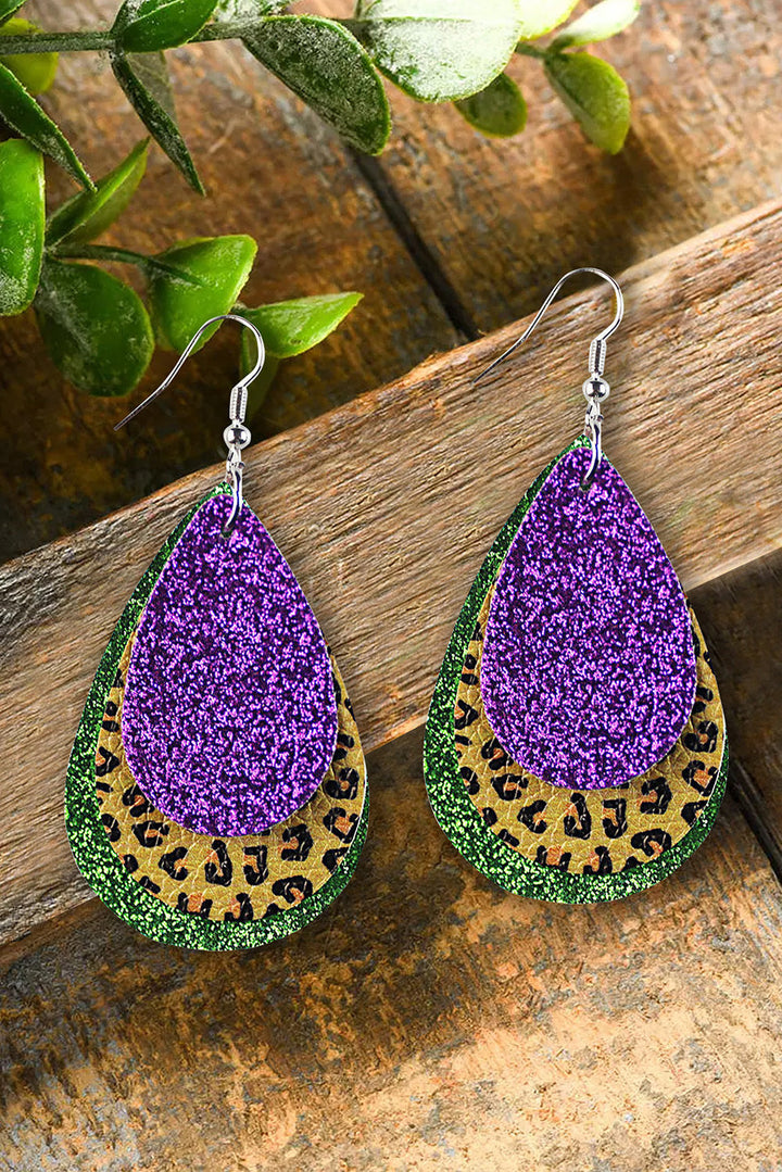Boucles d'oreilles goutte d'eau Mardi Gras à paillettes et léopard